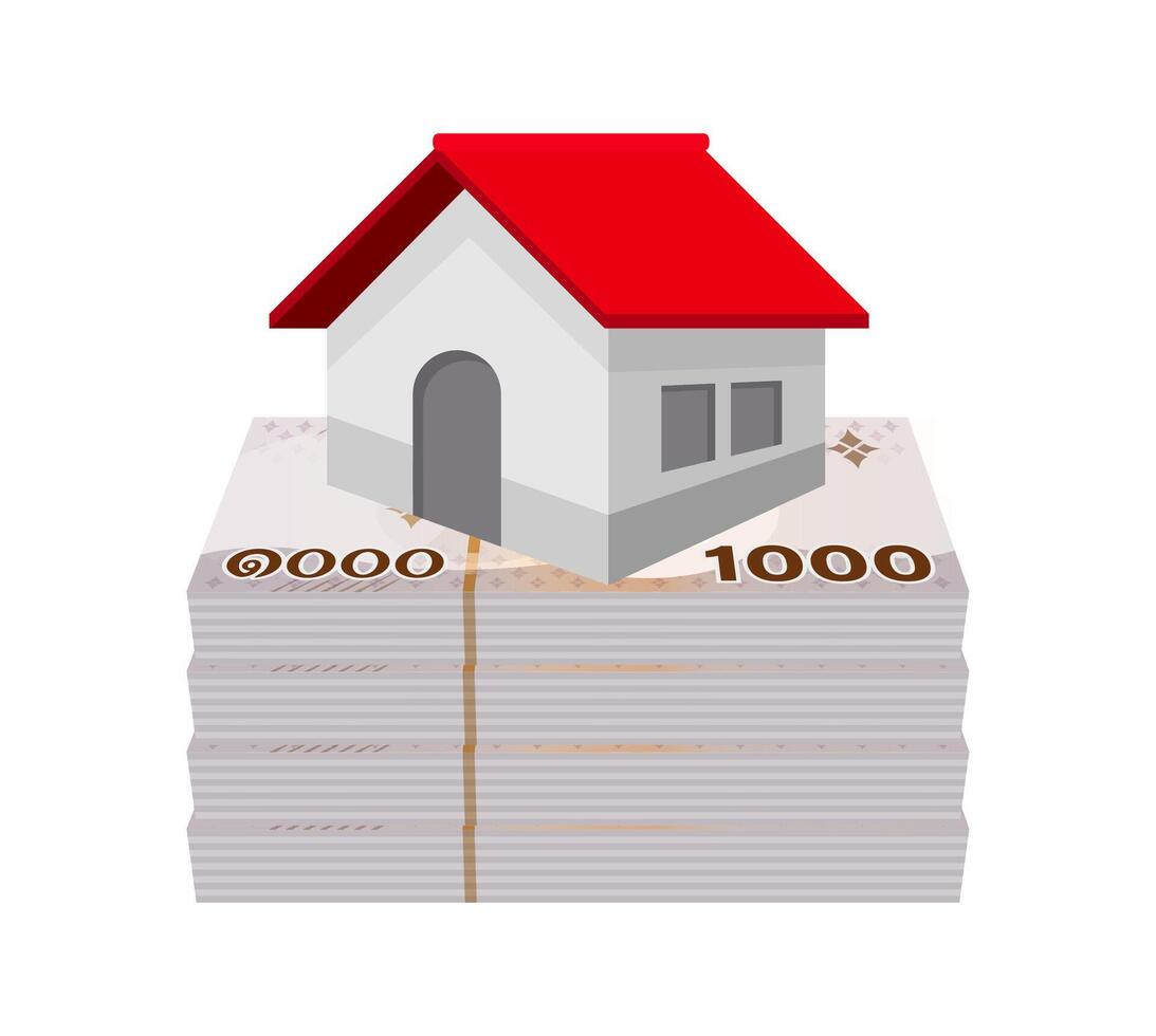 pile money banknote thai baht and house, residential home on bank note money thai baht, money stack 1,000 THB for real estate concept, business property credit and finance idea vector