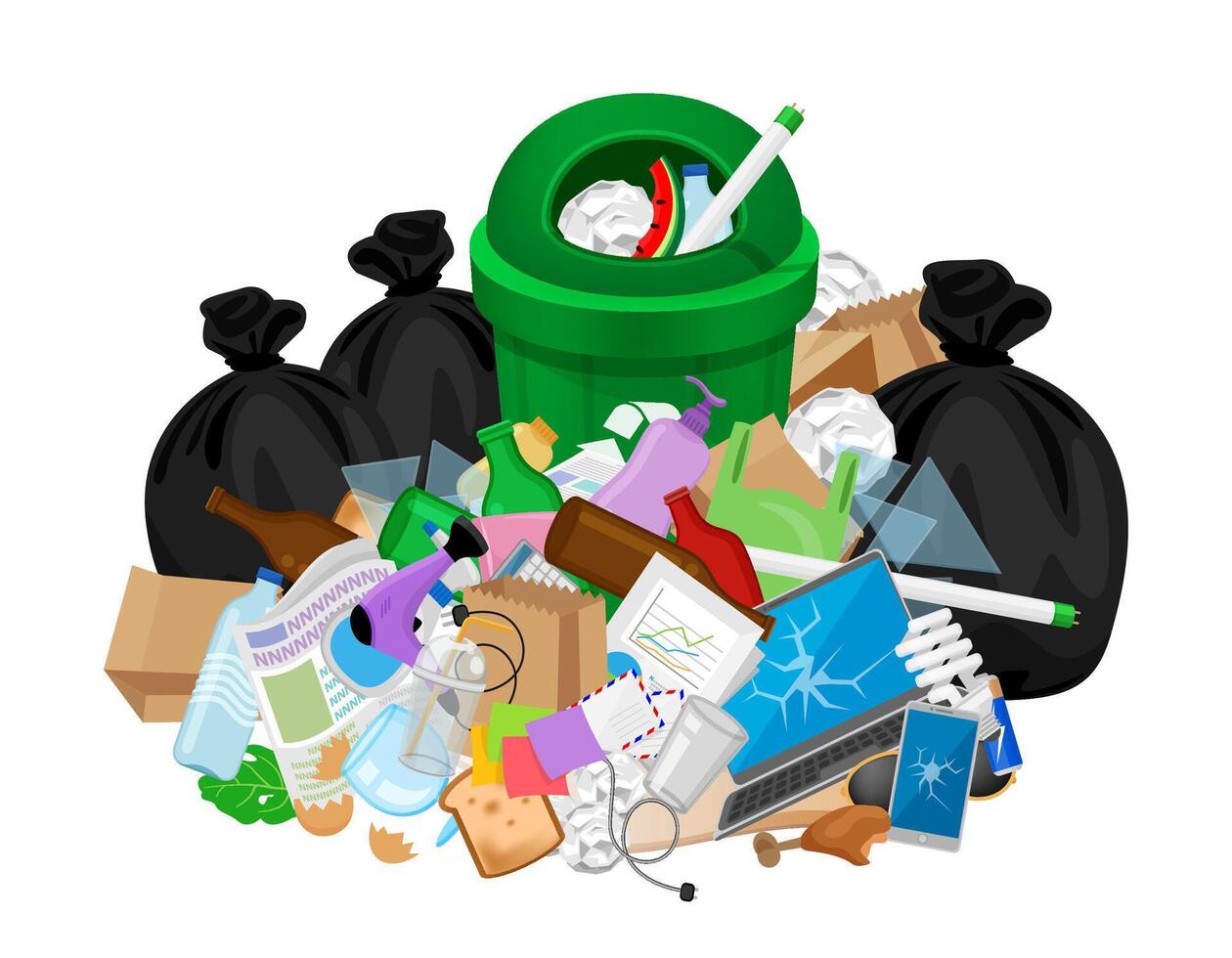 pile of garbage waste and bag plastic, green recycle bin isolated on white, plastic garbage waste many, plastic waste dump and bin green, illustration stack plastic waste and bin separation recycle vector