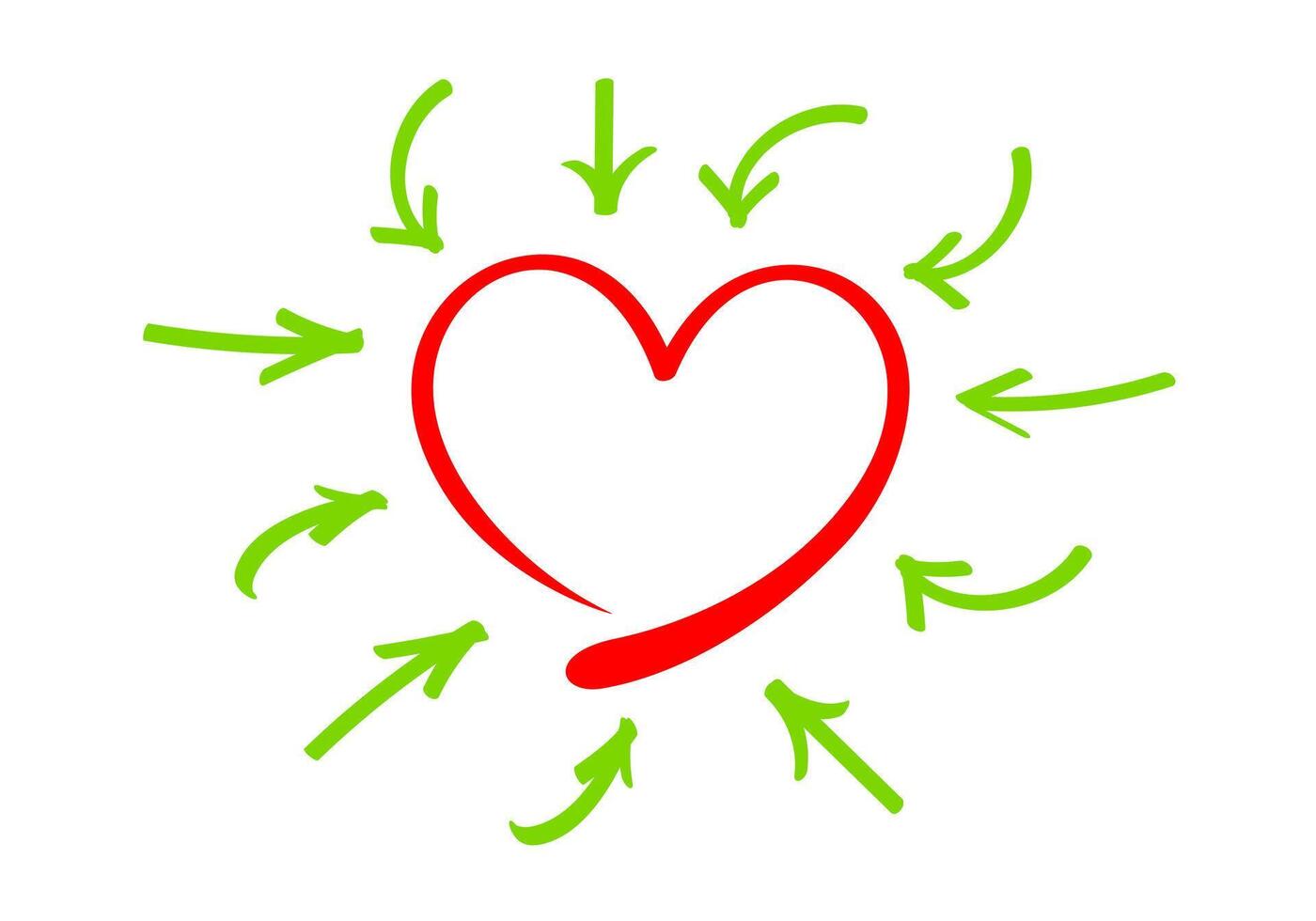 heart shape and arrow line points to heart frame isolated on white, doodle red heart shape and arrow line green for clip art, illustration of arrow line and heart red, copy space for valentine's day vector