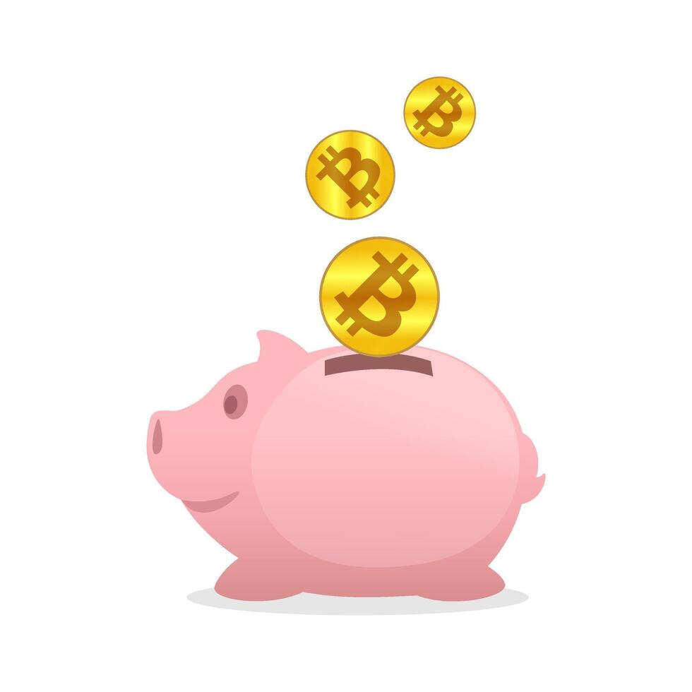 piggy bank and bitcoin icon gold, saving digital money cryptocurrency bitcoin coin gold concept, bitcoin coin gold over piggy bank, piggy bank and bitcoin golden coin for financial security concept vector