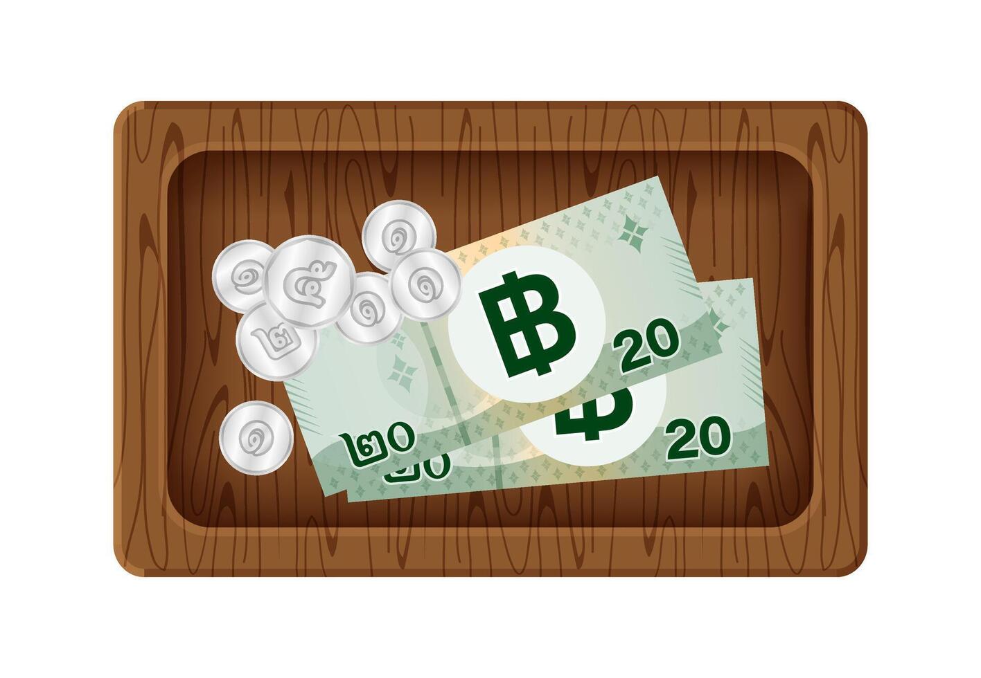 banknote money 20 baht thai and token coin on wood tray, money with giving tip concept, banknote and coin money wooden plate isolated on white, thailand money baht on for give thanks service mind vector