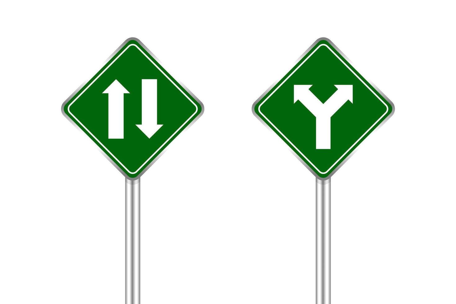 road sign of arrow pointing two way traffic ahead and crossroad, traffic road sign green color isolated on white, warning caution sign and steel pole for direction signpost the way vector