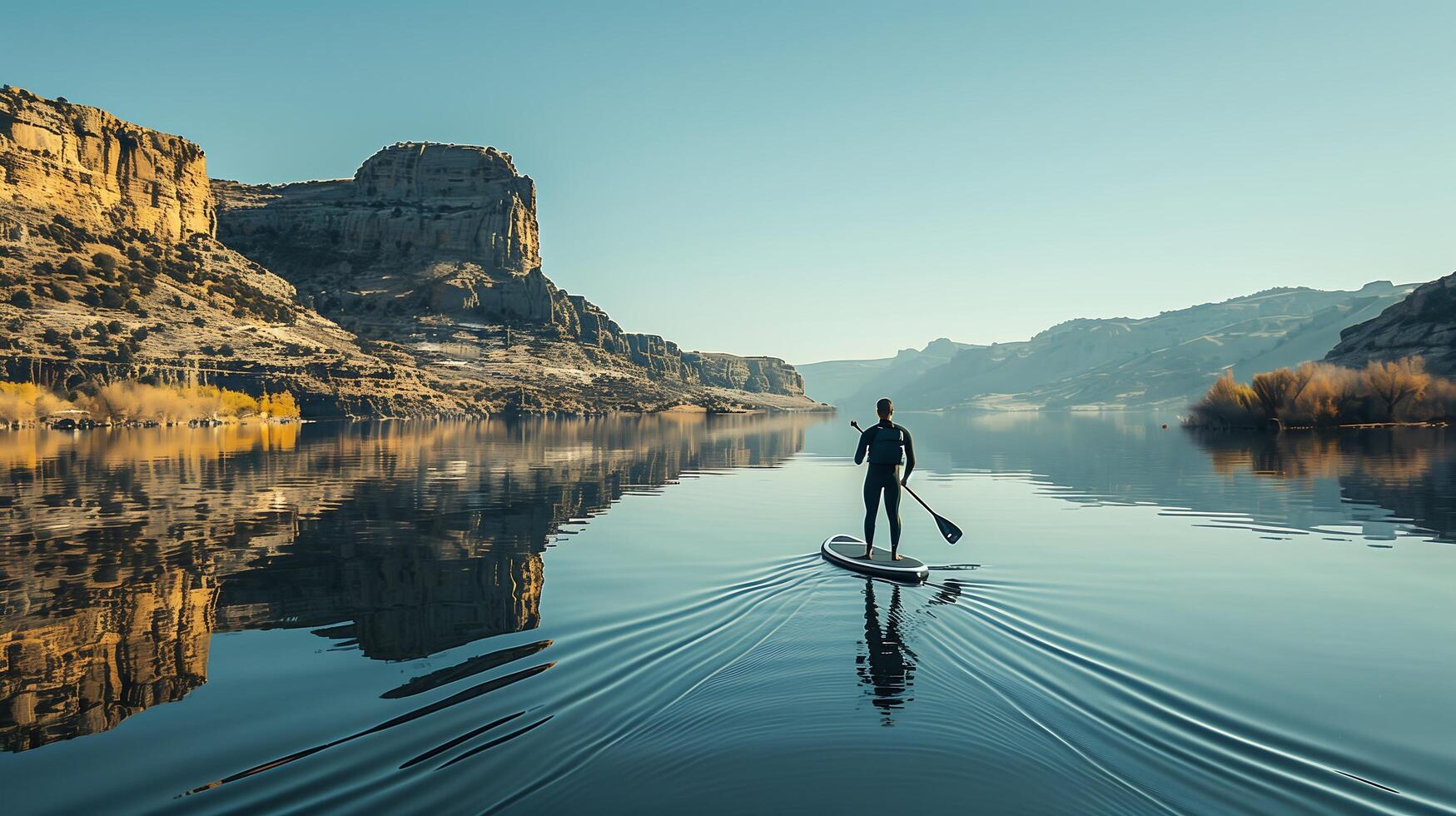 A man is standing on a paddle board in the water photo
