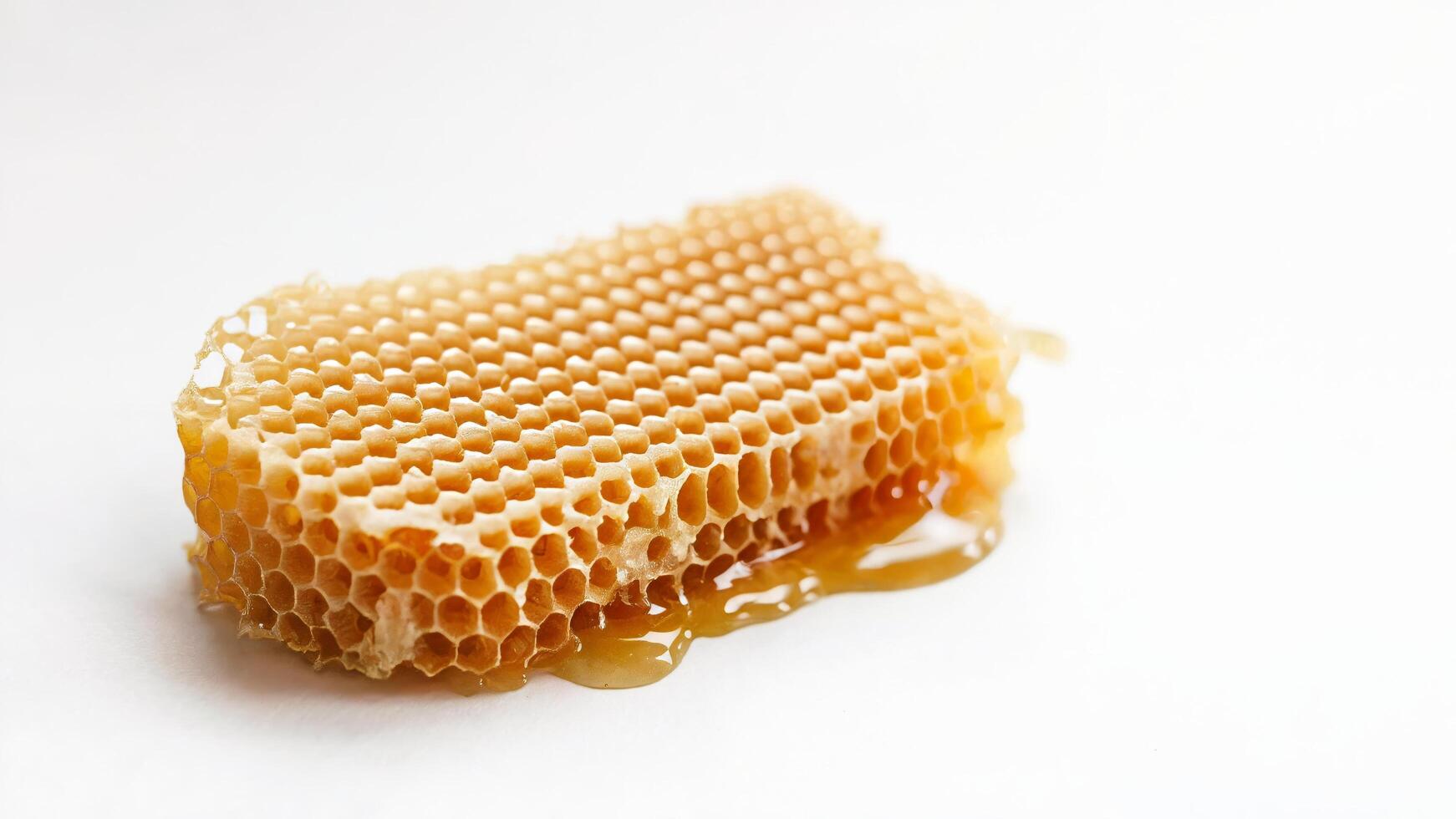 Honeycomb with golden honey dripping, isolated on clean white background. Food and health concept photo