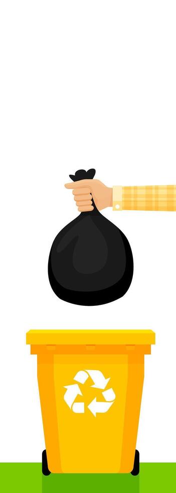 hand holding black plastic trash bag and yellow bin, bags waste and hands throwing garbage isolated on white, plastic bags of garbage waste in hand, bin bag plastic for disposal garbage and copy space vector