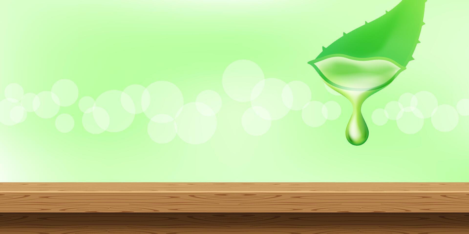 aloe vera and drop on table wood plank, natural aloe vera leaf on green bokeh background, wooden table front for display aloe vera product, copy space text of aloe vera for banner advertising vector
