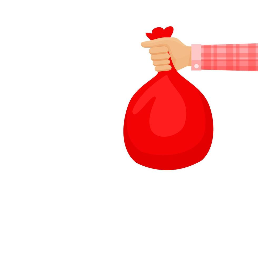 bag waste red in hand isolated on white background, hand holding red plastic trash bag, illustration bags garbage waste in hand, plastic bags bin of garbage for disposal and copy space vector