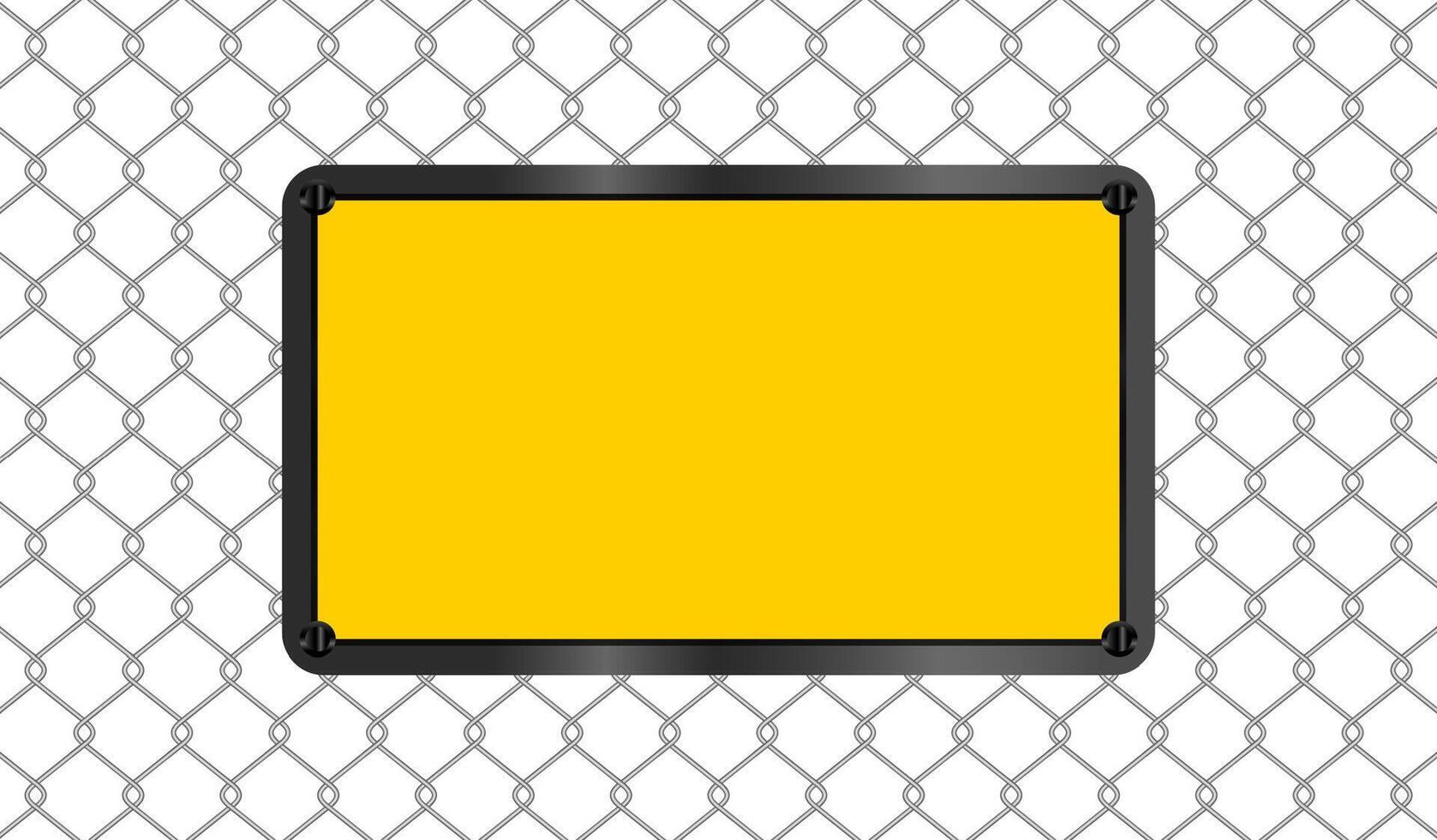 rectangle sign yellow on wire mesh background, caution emblem on fence barb grid, copy space, empty warning sign template on barrier wire net, barbed wire fence wall and emblem warning sign vector