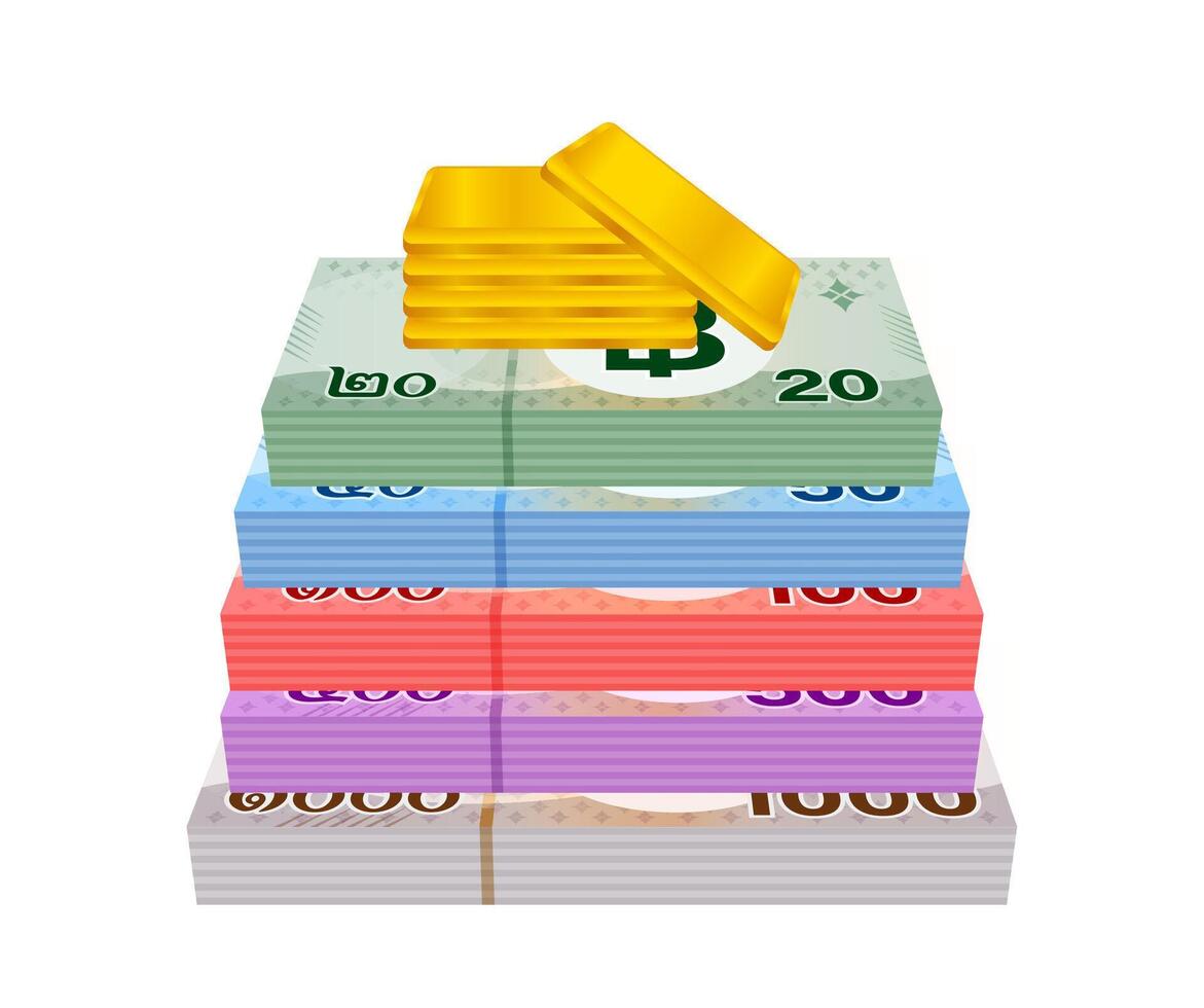 gold bars and stack thai money, gold bullion and banknote THB of thailand, financial business and savings concepts, thai baht money and gold bar isolated on white, bank note paper money bullion gold vector