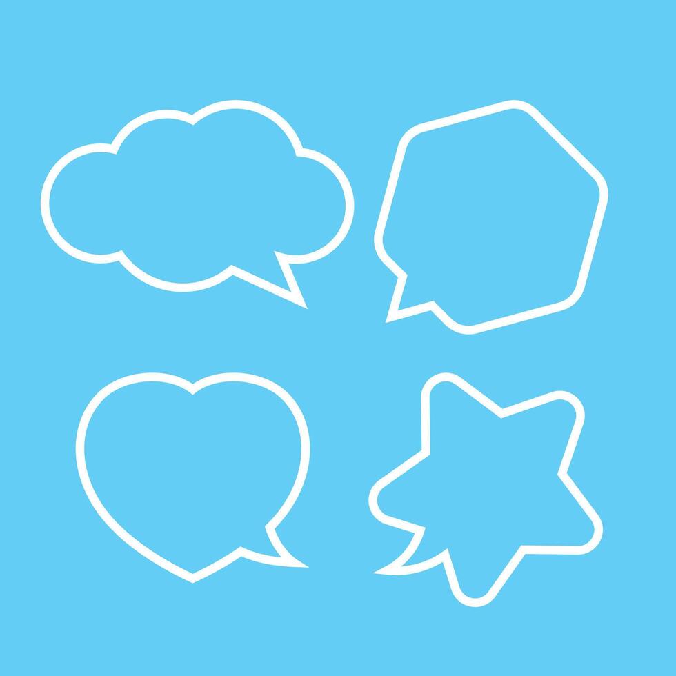cute speech bubble white isolated on light blue, chatting symbol, star, heart shape, hexagon and cloud speech bubble white vector