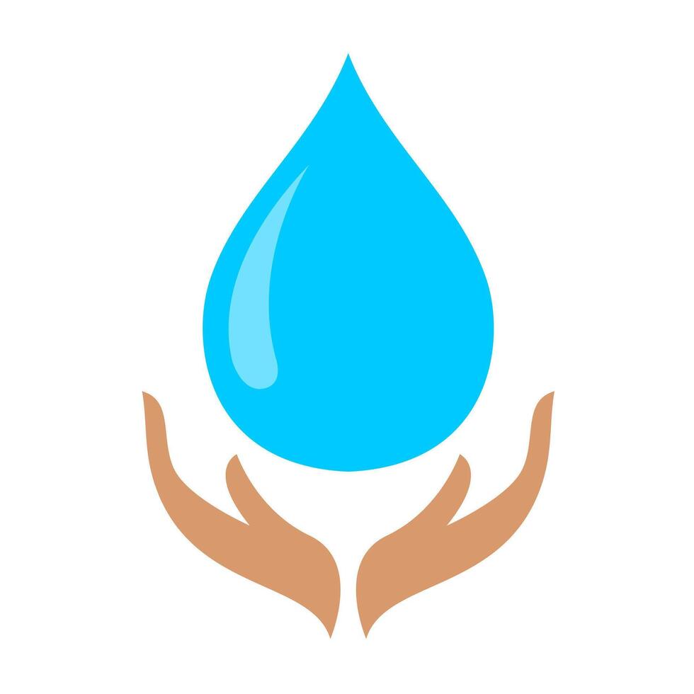water drop shape blue and hands isolated on white background, water droplet in hand flat icon, blue water drop for logo graphic design, water droplet symbol over hands vector