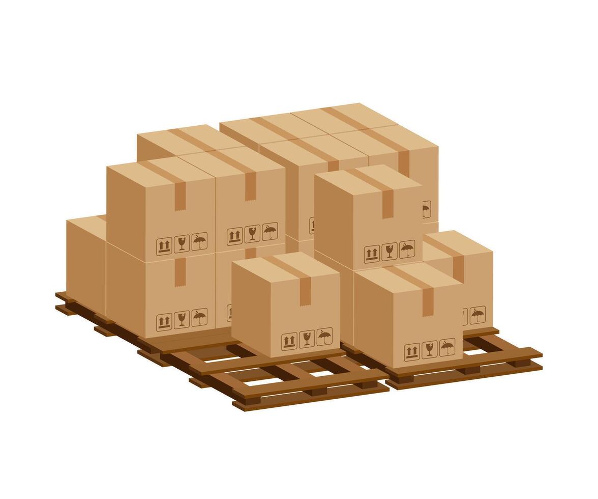 pile crate boxes 3d on wooden pallet, wood pallet with cardboard box in factory warehouse storage, cardboard parcel boxes stack of warehouse factory, packaging cargo, boxes brown vector