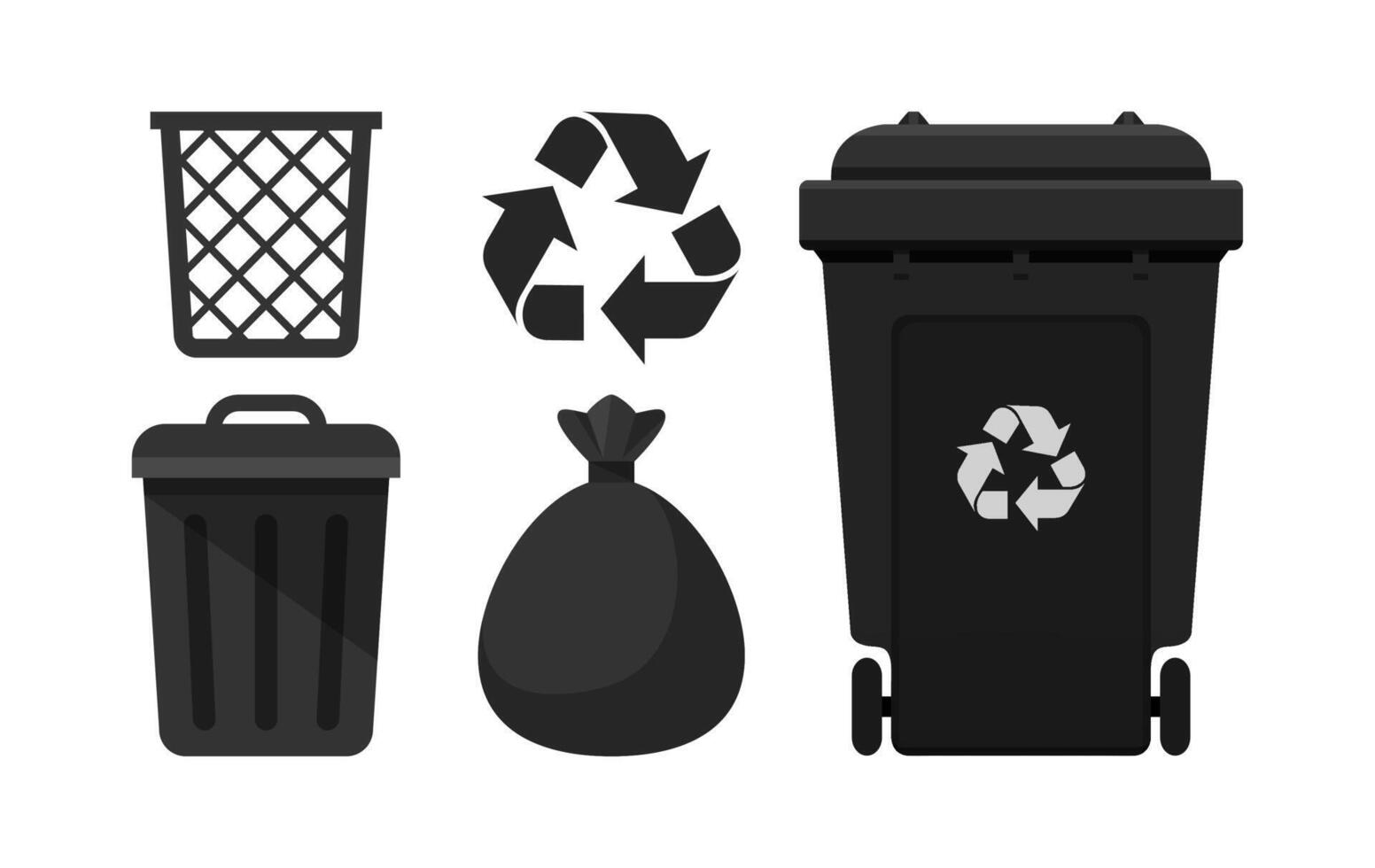 Black Bin set, Recycle Bin and Black Plastic Bags Waste isolated on white Background, Bins Black with Recycle Waste Symbol, Front view set of the Bins and Bag Plastic for Garbage waste, 3r Trash vector
