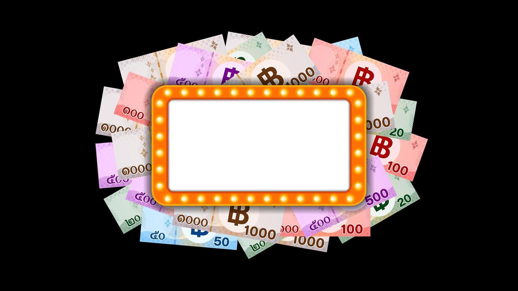pile banknote money thai baht and orange glowing frame for banner background, money THB and casino vintage frame sign, copy space, banknote money and glowing frame sign retro vector