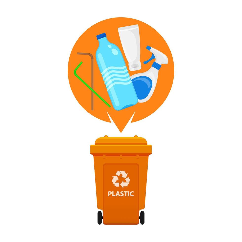 plastic waste and orange recycling plastic bin isolated on a white, bin and plastic collection garbage, waste plastic bottle and straws tube, illustration clip art bin, 3r garbage vector