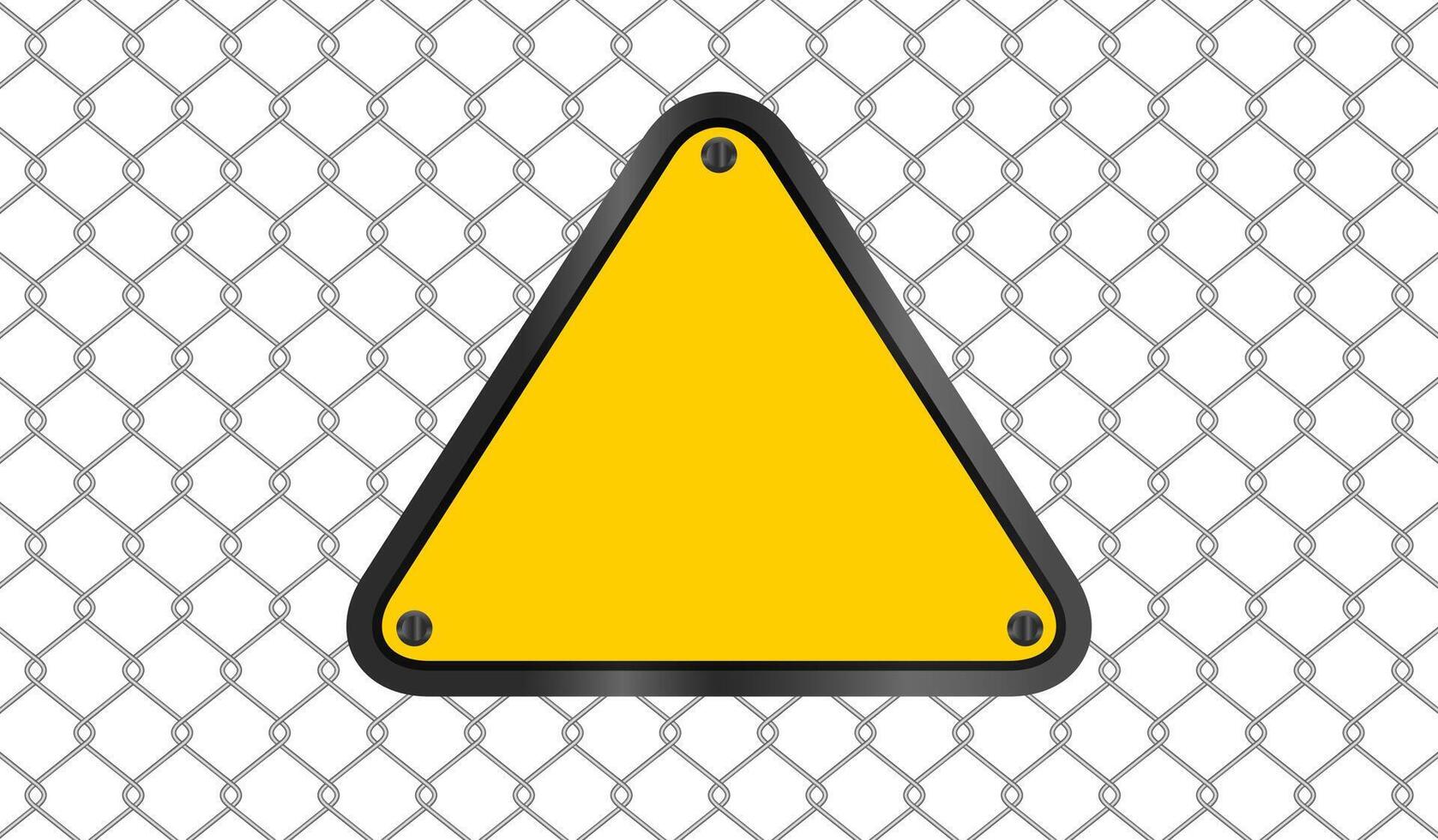 yellow triangle emblem notice on wire mesh background, caution sign on fence barb grid, copy space, empty warning sign template on barrier wire net, barbed wire fence wall and emblem warning sign vector