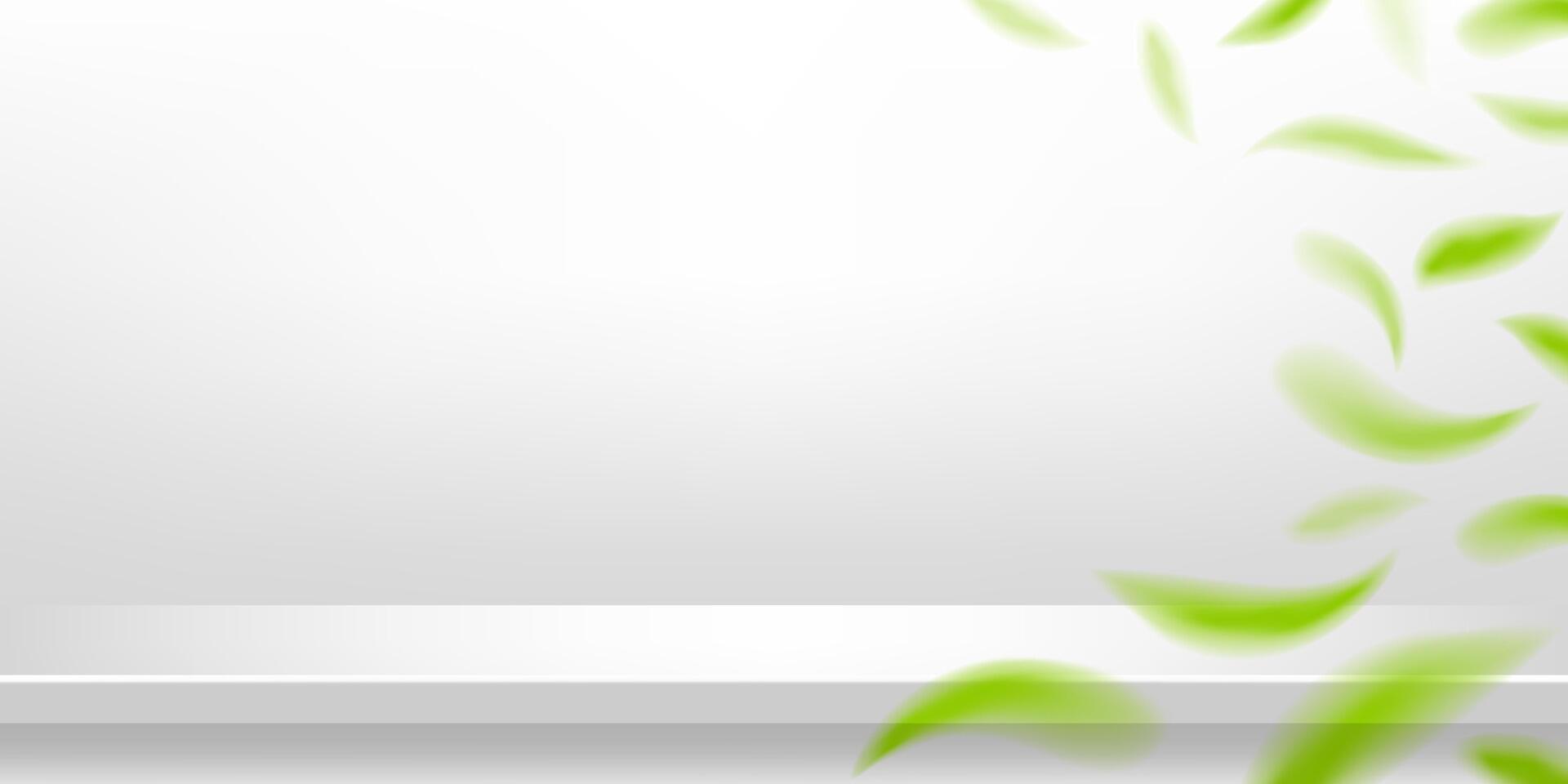 white wood plank with blur fallen leaves green fresh for banner background, green leafs and table plank white grey for advertise product display, front view, copy space vector