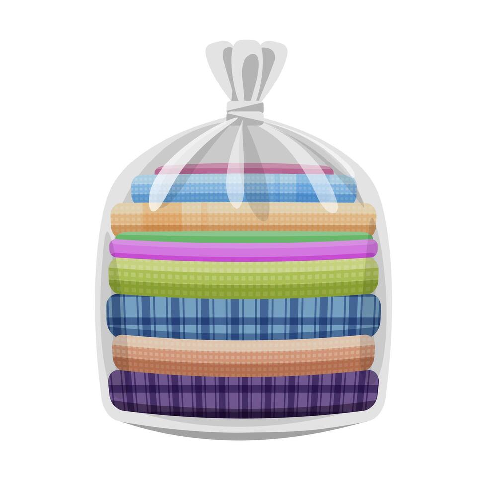 second hand clothes in a clear plastic bag isolated on white, used shirts for donations, illustration of donate clothes, pile clothes used old, clip art second hand donated clothes vector