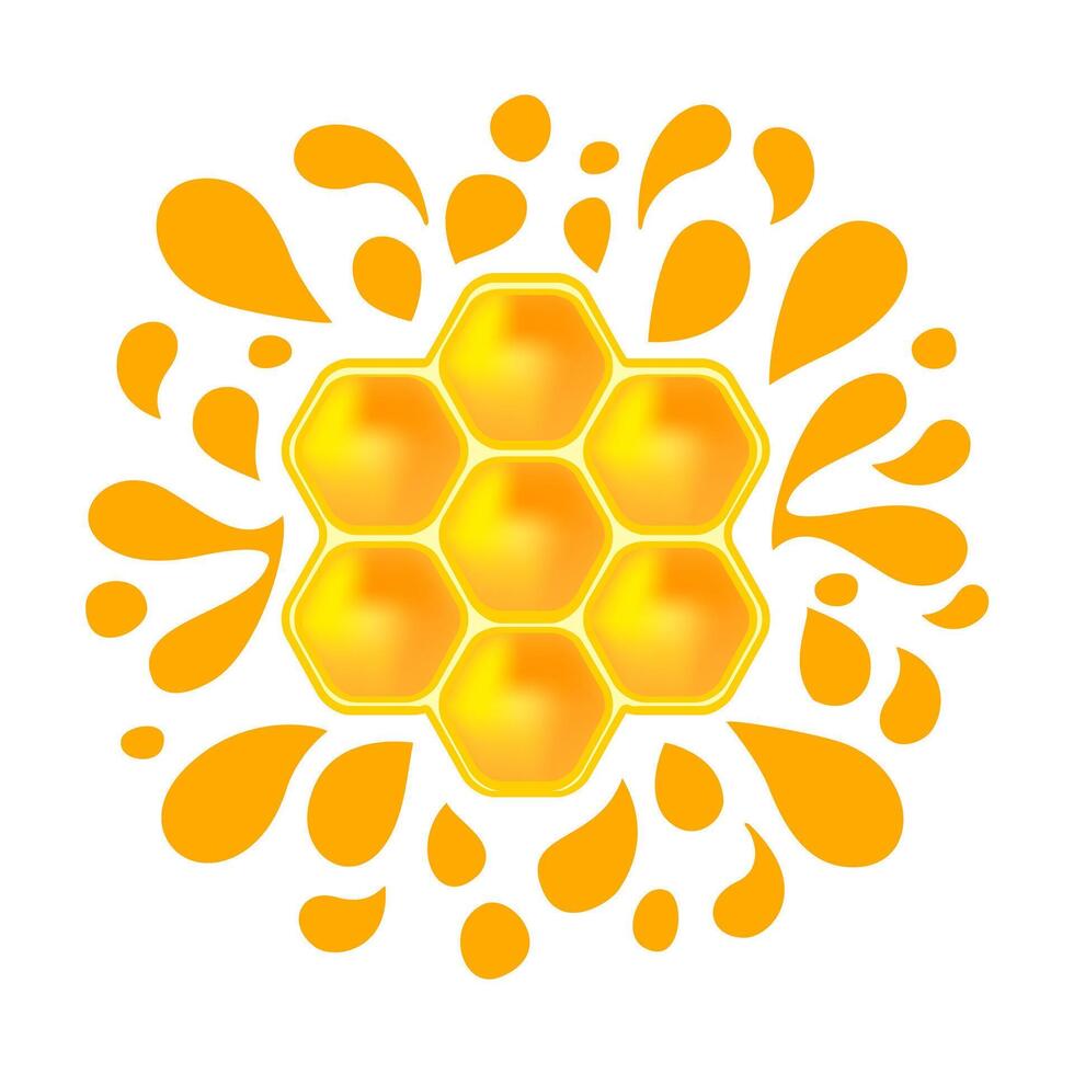 honey bee splash drop isolated on white, orange juice mixed with honey blob for ad graphic design, bee comb shape and splash, yellow gold honeycomb and drop splatter, honey bee hexagon and blob splash vector