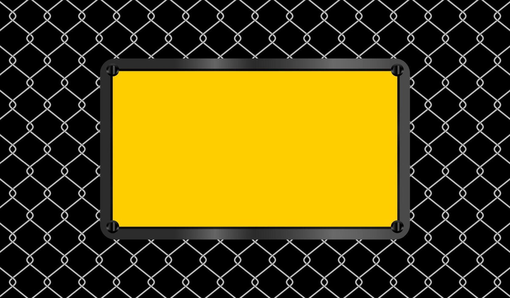 rectangle sign yellow on wire mesh black background, caution emblem on fence barb grid, copy space, empty warning sign template on barrier wire net, barbed wire fence wall and emblem warning sign vector