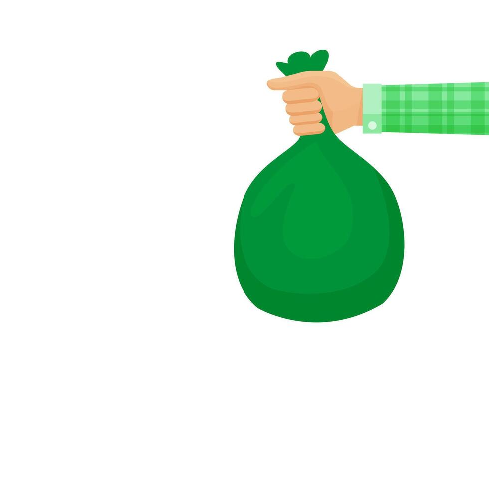 bag waste green in hand isolated on white background, hand holding green plastic trash bag, illustration bags garbage waste in hand, plastic bags bin of garbage for disposal and copy space vector