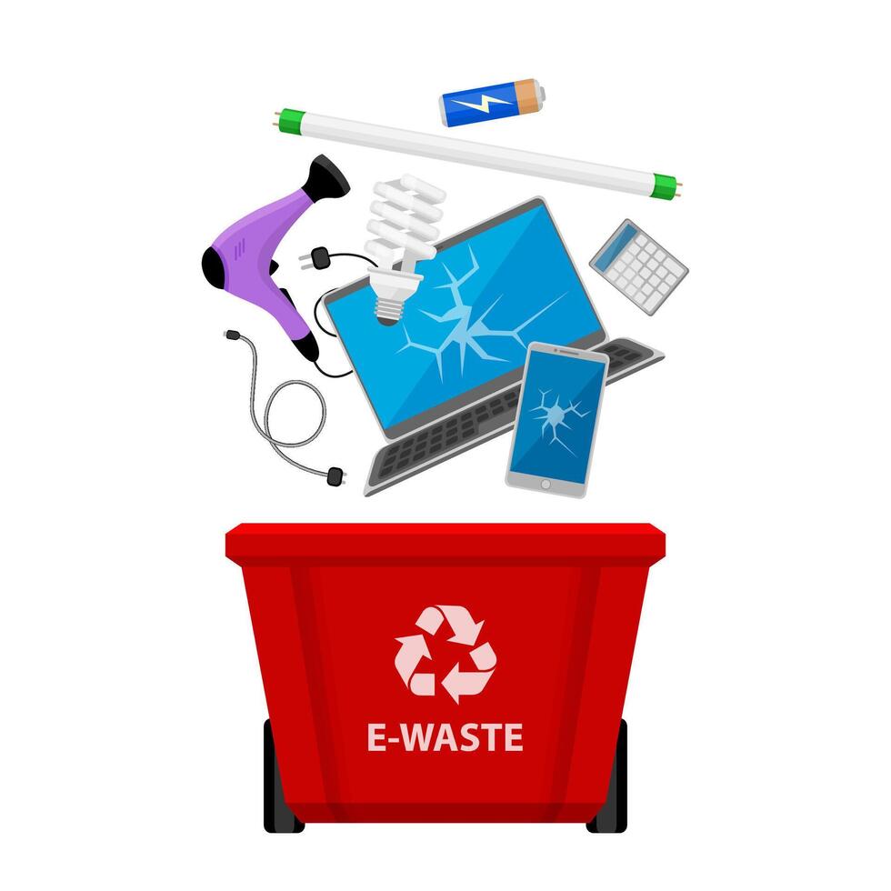 electronic waste and red recycling plastic bin isolated on white, bin plastic and e-waste collection, waste electrical and electronic equipment, illustration plastic bin, 3r garbage vector