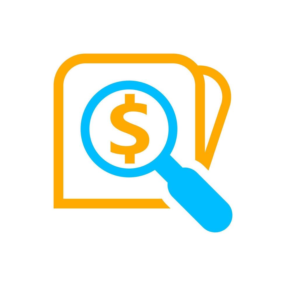 magnifying glass with dollar currency money search icon, dollar coin with magnifying glass for button app, research icon blue on orange wallet, dollar money symbol in search symbol isolated on white vector