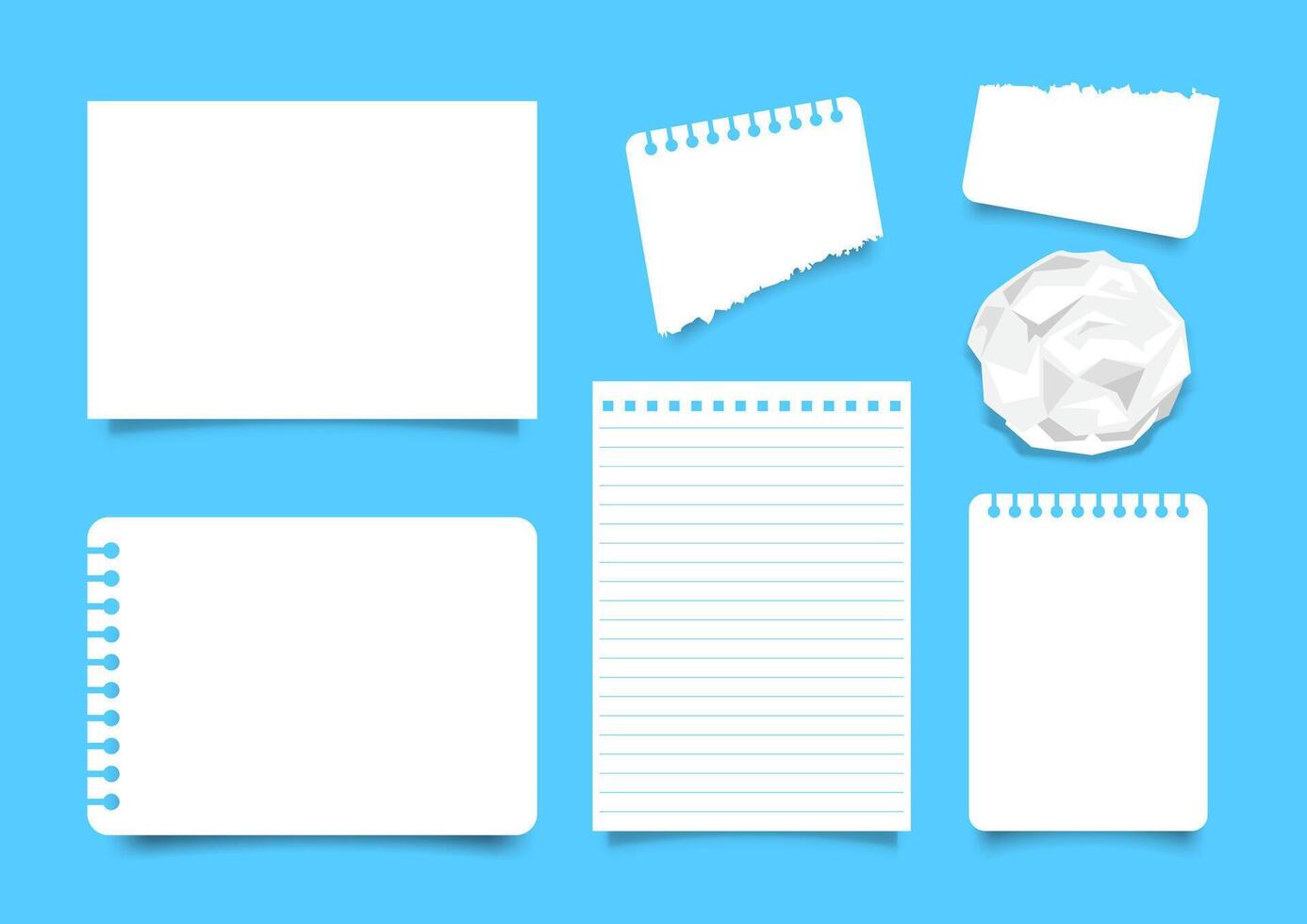 paper sheet set isoloated on blue background, note paper a4 blank, empty papers template, set of worksheet book for note, flat lay papers, illustration paper sheet top view, notepaper postcard vector