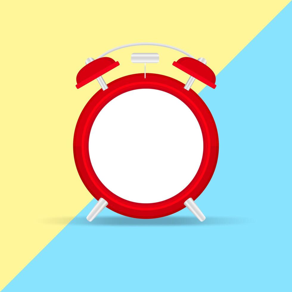 empty alarm clock for copy space, red alarm clock template on minimal flat lay yellow blue background, clock without alarm, clip art alarm clock, illustration of timepiece on yellow blue pastel color vector