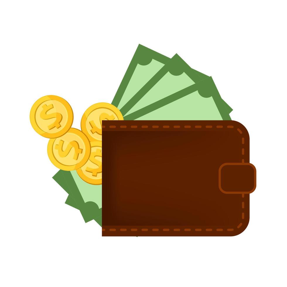 money dollar and brown wallet isolated on white, token dollar and banknote at wallet for payment icon, clip art wallet on banknote money, banknote pile medal coin money, currency cash pay concept vector