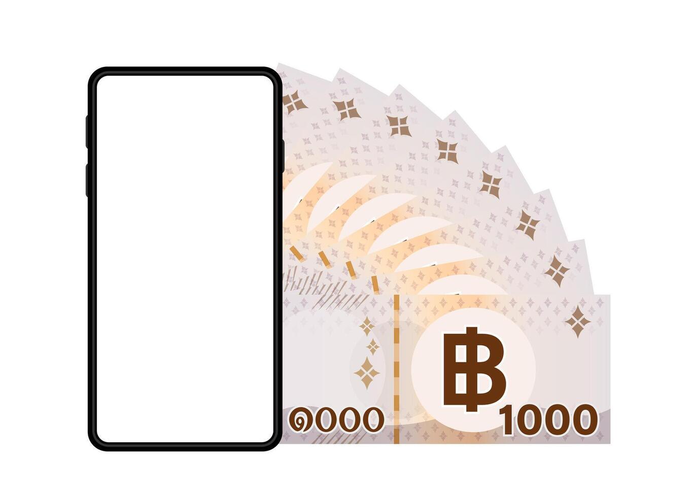 banknote money thai 1,000 baht and smartphone screen isolated on white, smart phone screen and money thailand THB, mobile phone wallet, paper money and smartphone, online shopping concept vector