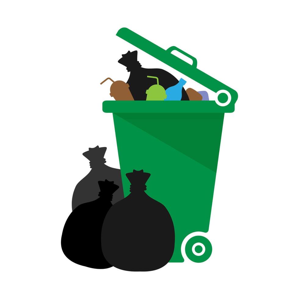 bin, plastic bin green of waste and plastic bag isolated on white, dumpster recycle illustration, dustbin plastic garbage full, clip art garbage, trash bin flat for infographics vector