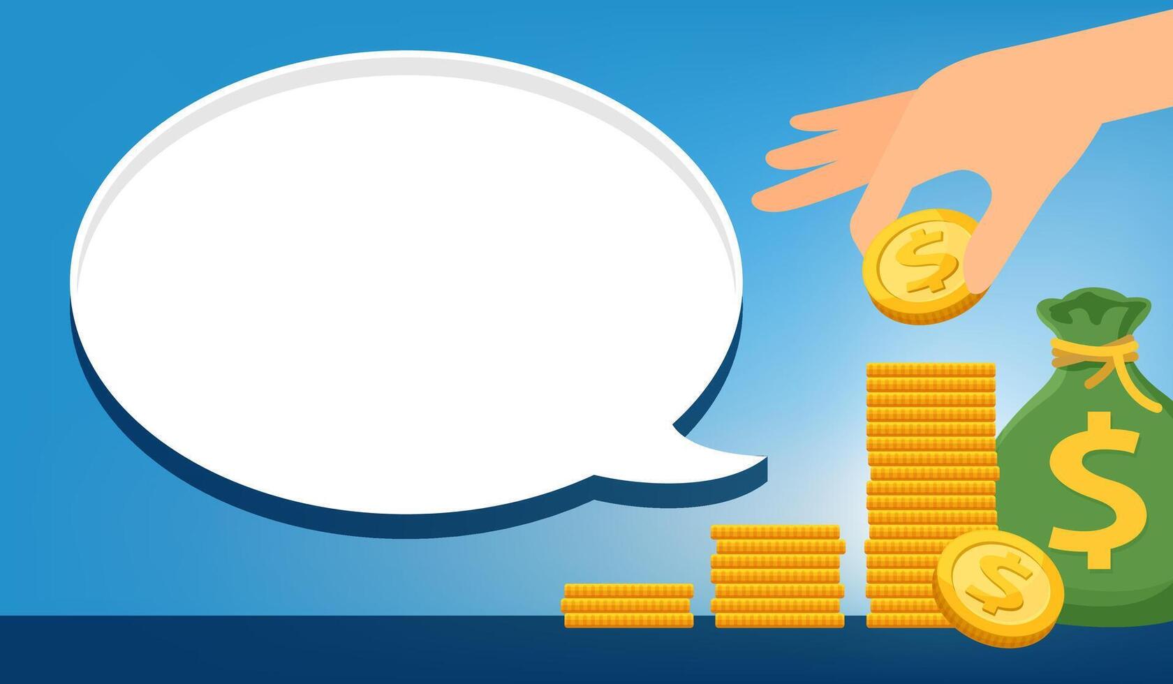 money pile in hand and speech bubble box for copy space, pile medal dollar and banknote money and dialog speech for text, stack money in hand for banner template, savings money concept vector