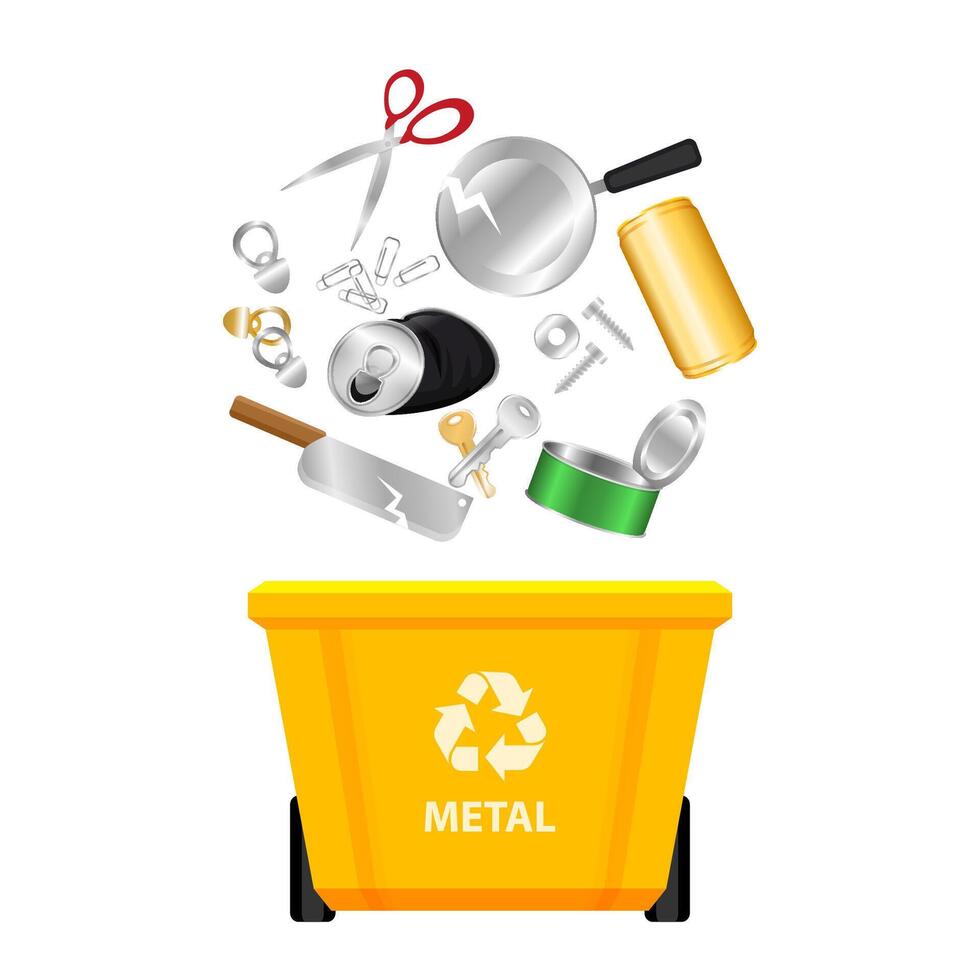 metal waste and yellow recycling plastic bin isolated on a white, plastic bin and metal garbage, waste metal canned, illustration clip art bin, 3r garbage vector
