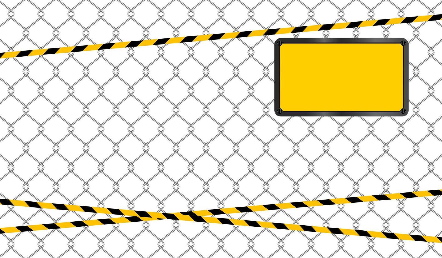 caution tape line stripe on wire mesh and rectangle warning sign, rectangle sign yellow on wire mesh isolated on white background, warning space with ribbon tape or comfort safety zone, copy space vector