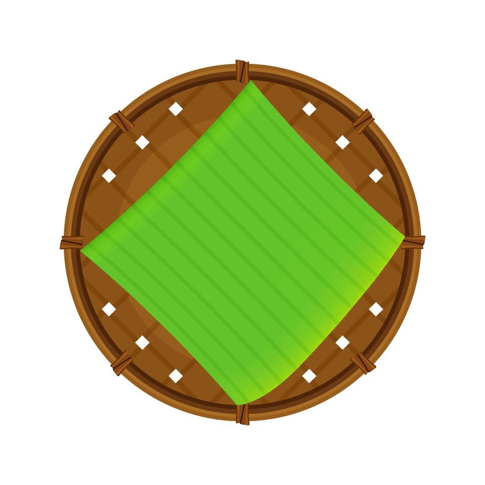 bamboo basket weave brown and banana leaf cut out, empty basket weave bamboo on white, sieve wicker handmade brown, handicraft braided basket round shape, bamboo sieve basketry circle vector