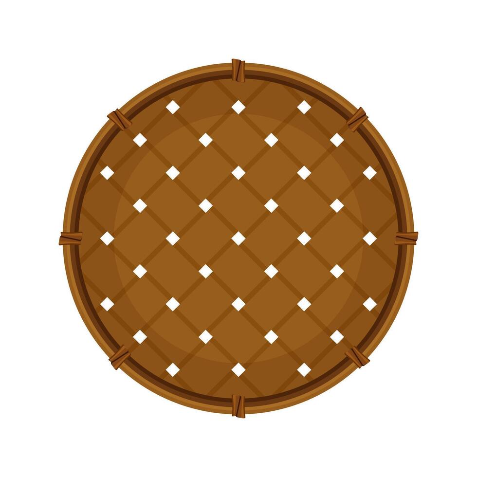 bamboo basket weave brown in top view isolated on a white, empty basket weave bamboo or sieve wicker handmade dark brown, handicraft braided basket round shape, bamboo sieve basketry circle vector