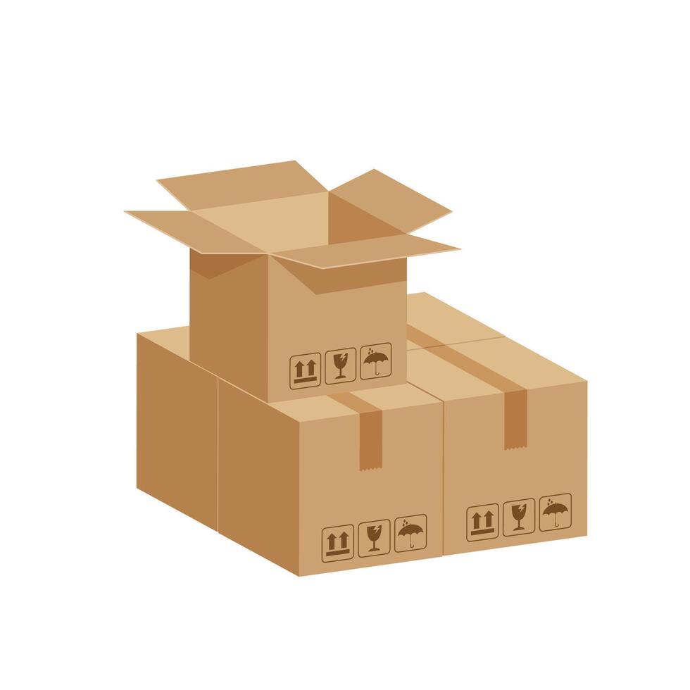 stack crate boxes brown and box open isolated on white, cardboard box for factory warehouse storage, cardboard parcel boxes, pile of warehouse factory, packaging box brown cargo industrial logistic vector