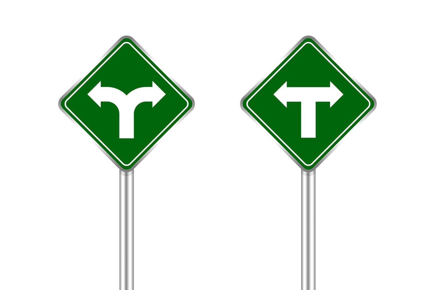 road sign of arrow pointing bend to left and right, traffic road sign green isolated on white, traffic sign turn left and right, warning caution sign and steel pole for direction signpost the way vector