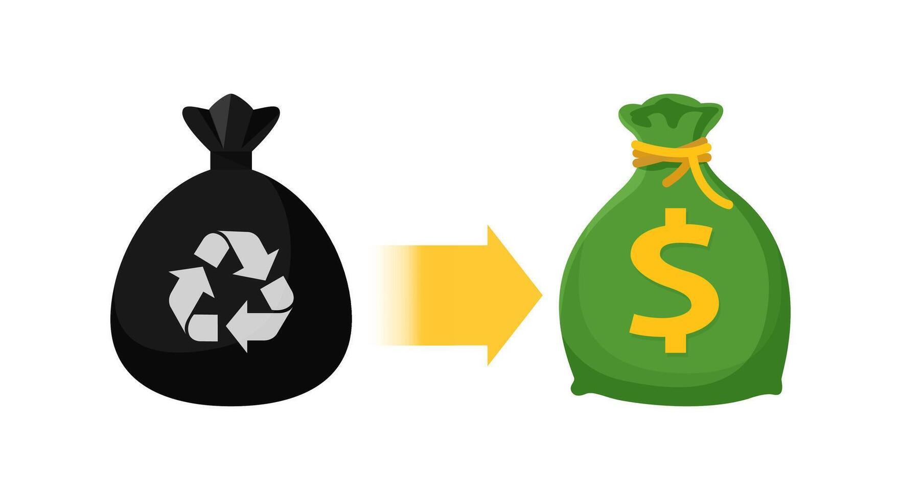 icon garbage bags and money bag, symbol of sack garbage waste and money trade, waste exchange business to money, buy and sell garbage, junk trading in money concept, waste sell and exchange vector