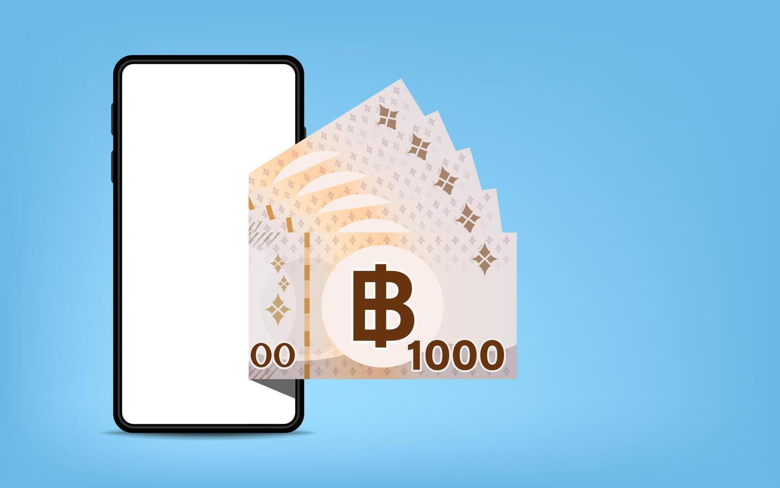 banknote money thai 5,000 baht on smartphone screen isolated on light blue, smart phone screen and money thailand THB, mobile phone wallet, paper money and smartphone, online shopping concept vector