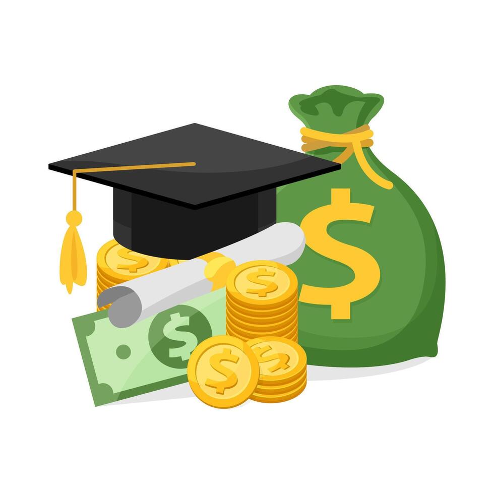 money and graduation hat isolated on white background, illustration flat for education success and money business, money and certificate graduation and successful, money icon for scholarship concept vector