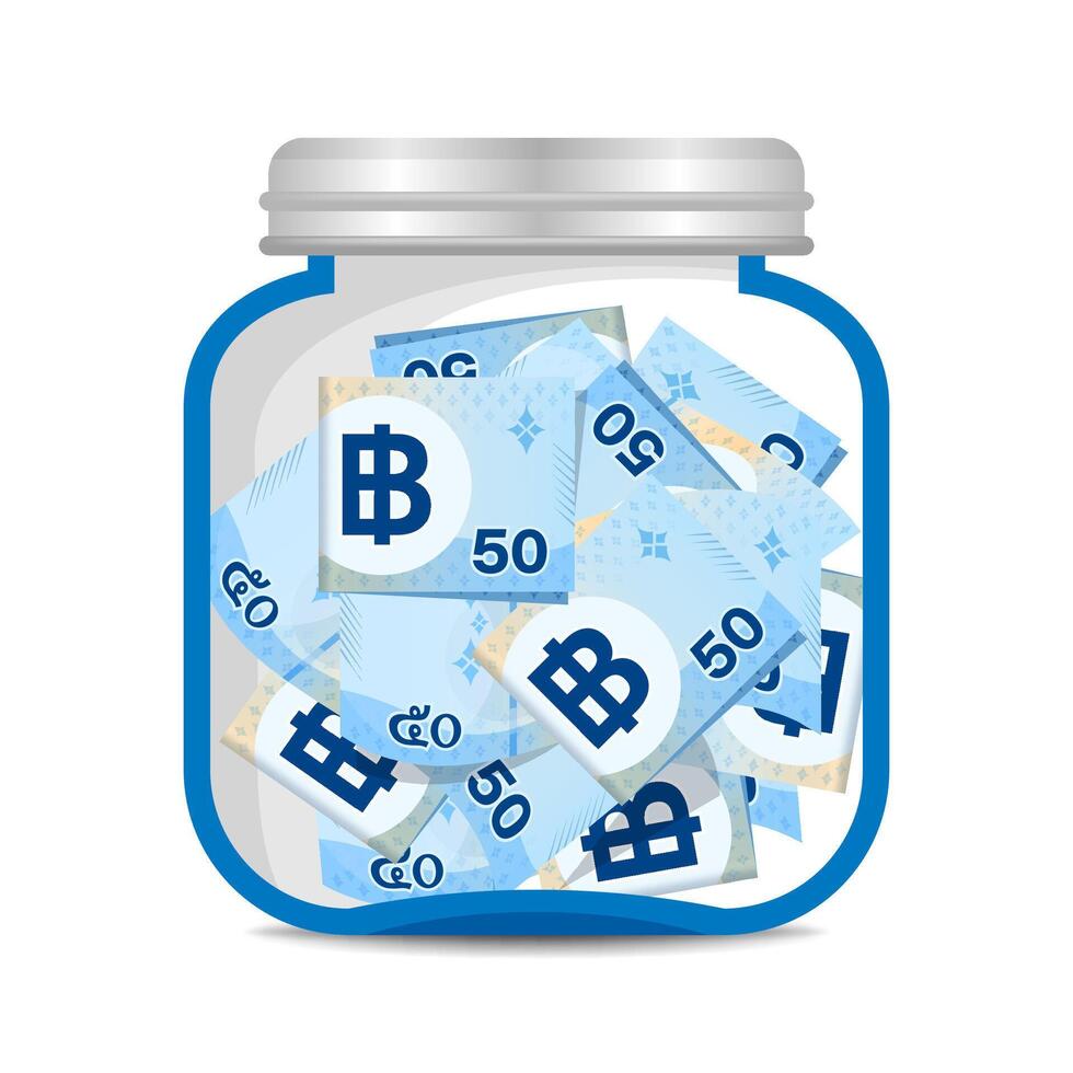 banknote money thai baht 50 in glass bottle for savings concept, banknote money THB and jar money for savings, bank note money baht for business finance concept vector