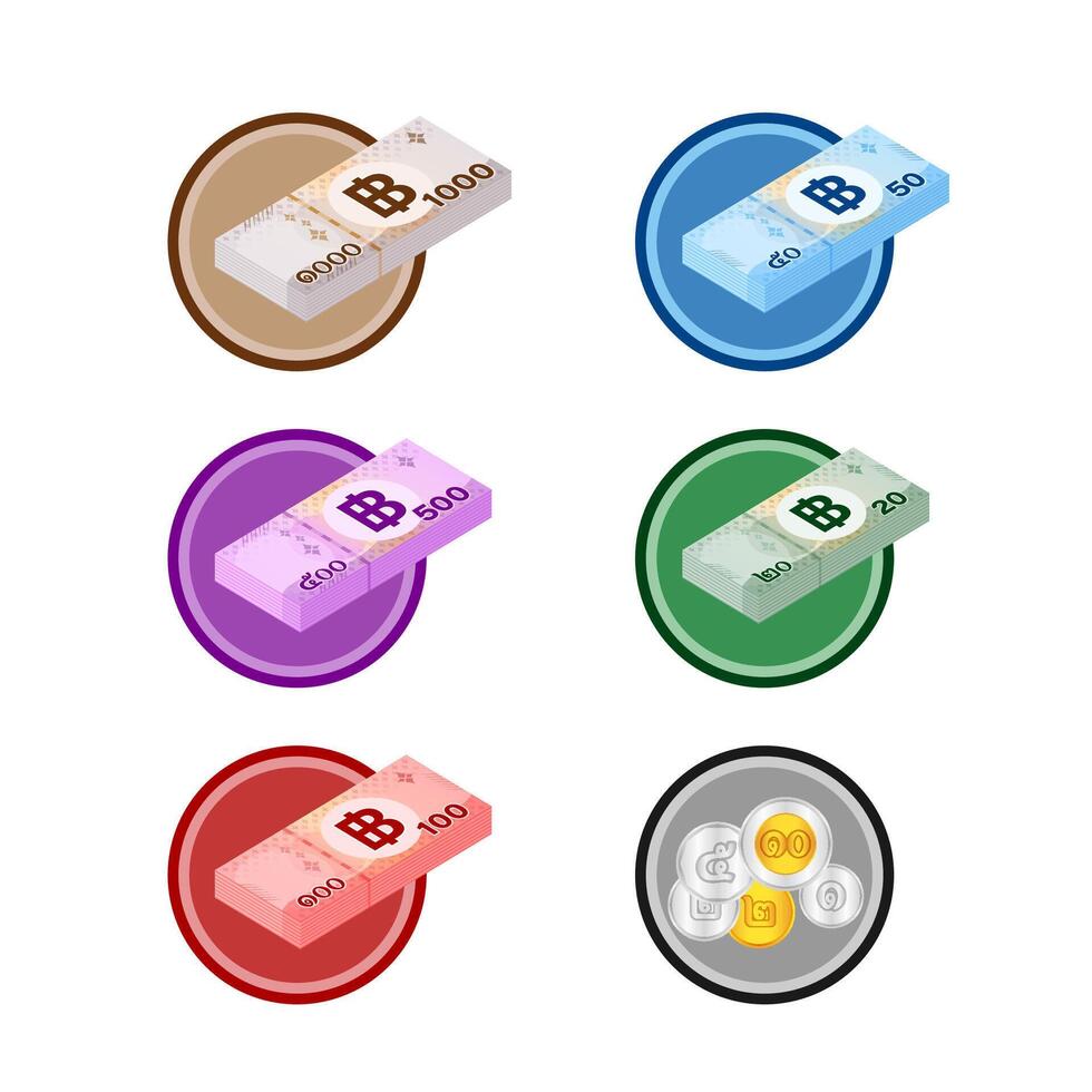 money thai baht icons, currency thai THB, banknote money, 1,000, 500, 100, 50, 20 and coin type, icon financial business and e-commerce concept, money symbol for shopping online web vector