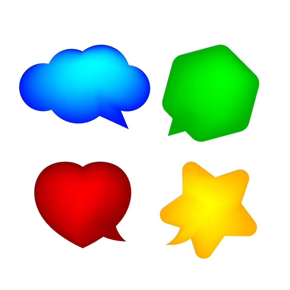 star shaped speech bubble yellow, heart shaped speech bubble pink, hexagon speech bubble green, cloud speech bubble blue, geometry balloon colorful and isolated on white for copy space vector