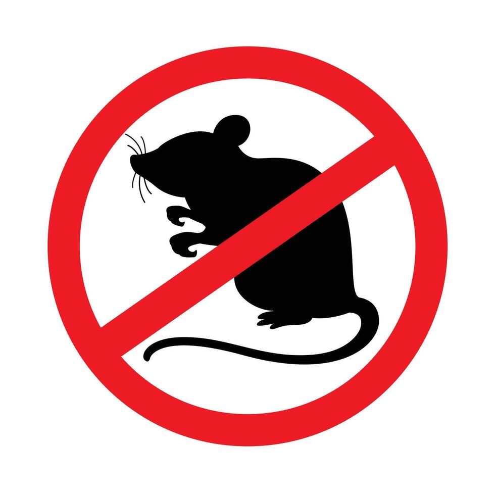 rat icon prohibited isolated on white background, black rat in the red warning sign, forbidden rat symbol, illustration rat for icon graphic vector