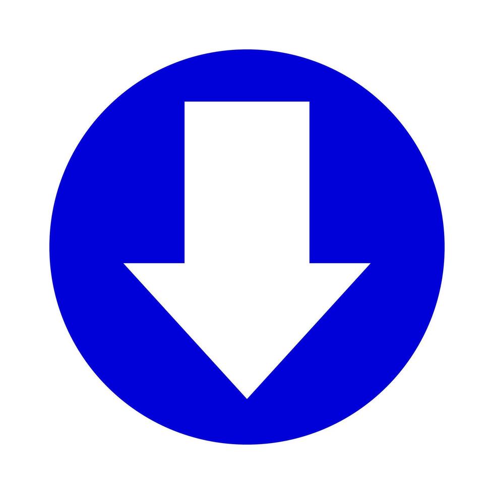 arrow pointing down white in circle blue for icon flat isolated on white, circle with arrow for button interface app, arrow sign of next or download upload concept, arrow simple symbol for direction vector