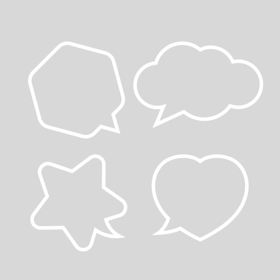 speech bubble white line isolated on grey, cute chatting symbol, star, heart shape, hexagon and cloud speech bubble white vector