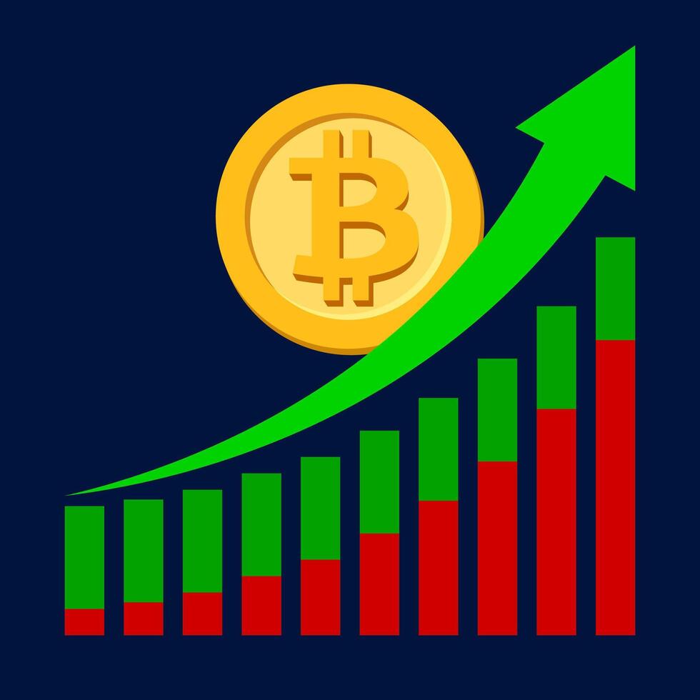 bitcoin currency on graph with green arrow pointing up, bitcoin money symbol on chart bar arrow for success growth concept, currency digital money on graph investment growth, bitcoin icon on graph vector