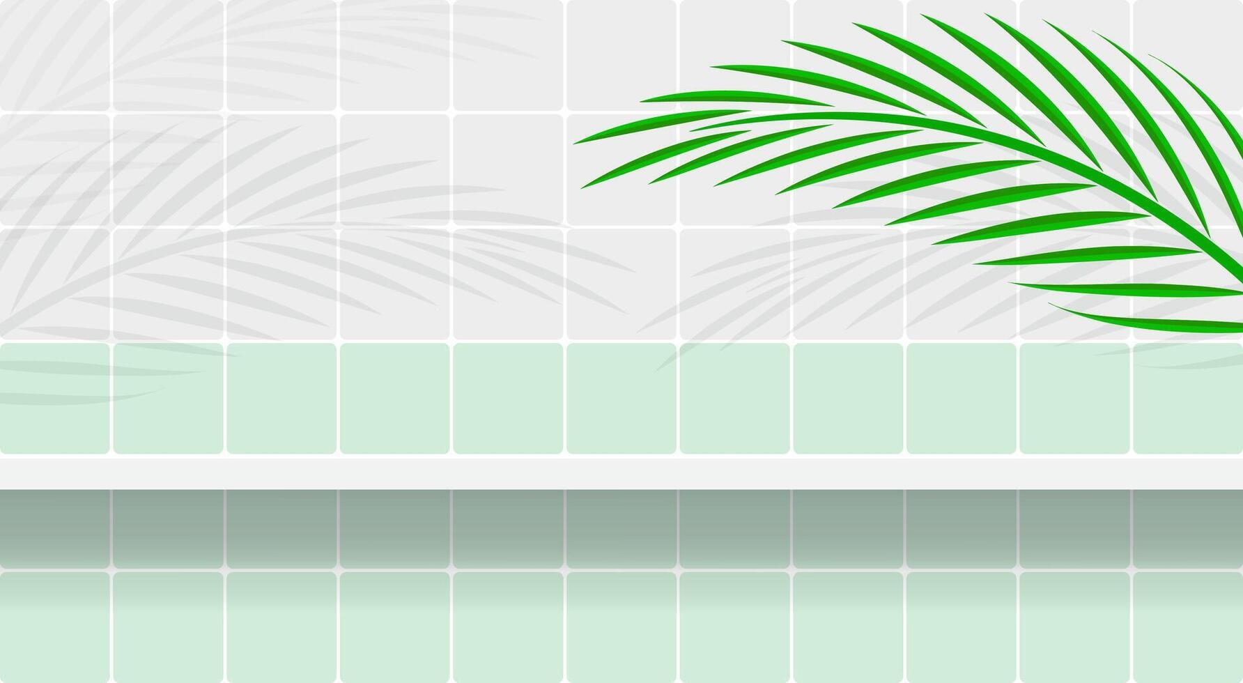 wall tile and shelf with leaves palm for background and copy space, bathroom shelf on wall tiles and leaf palm shadow, shelves floor and coconut leaves, green pastel wall tile glossy and palm branches vector